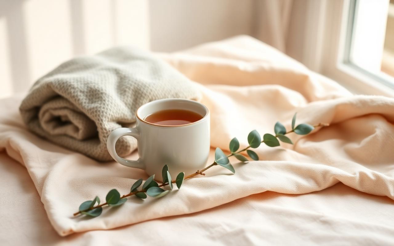 Calm self-care setting with herbal tea for period comfort